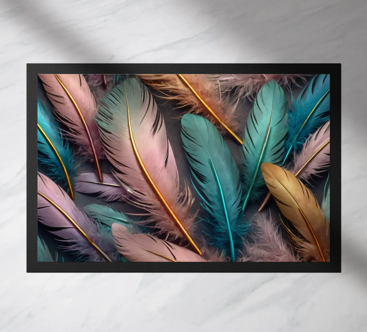 Piume colorate disposte artisticamente su uno sfondo scuro zerbino da DesignDoodle