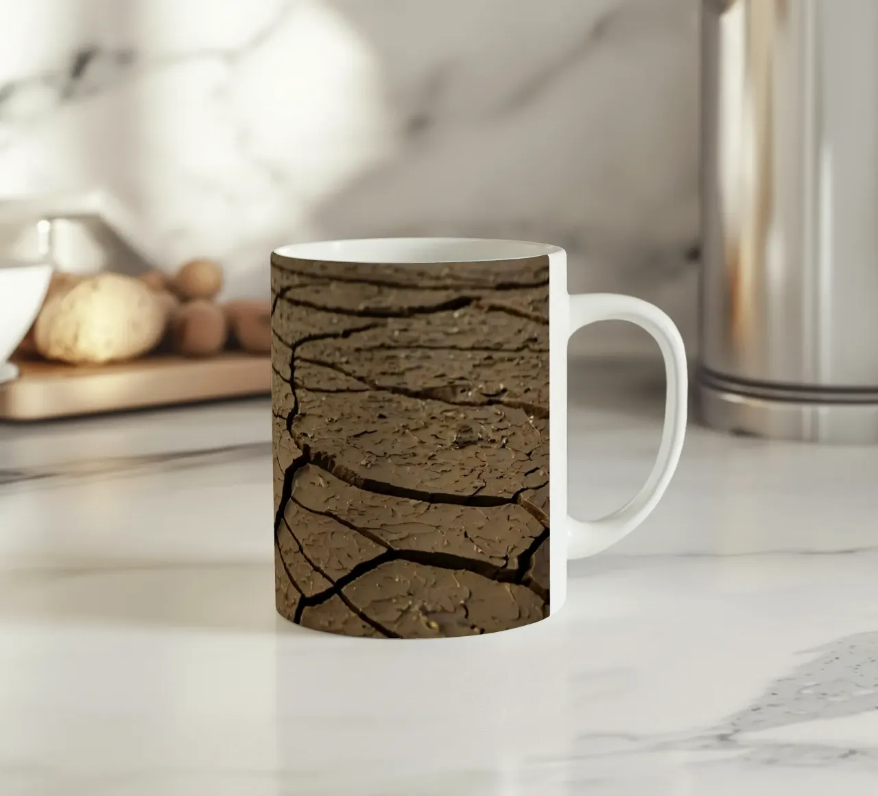 Gebarsten aarde in kaal landschap markeert ernstige droogte keramische mok van DesignDoodle