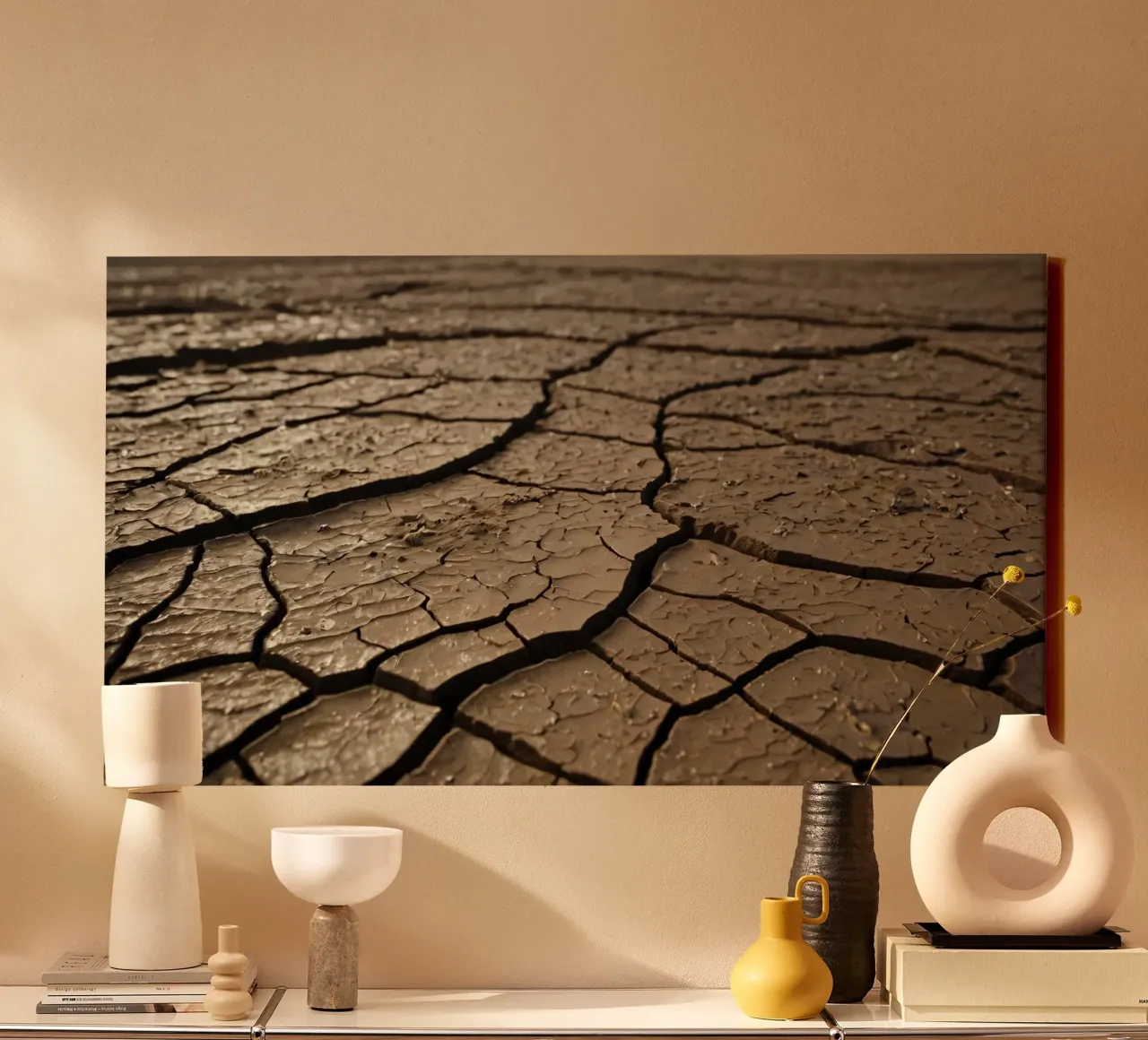 Gebarsten aarde in kaal landschap markeert ernstige droogte canvas met Baklijst van DesignDoodle