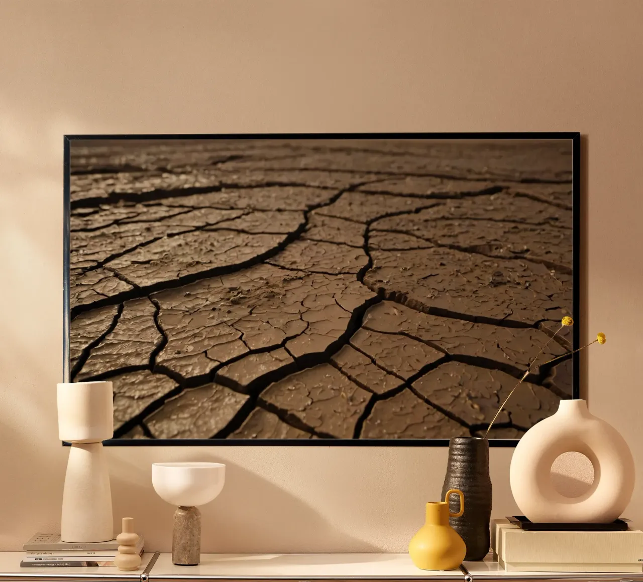 Gebarsten aarde in kaal landschap markeert ernstige droogte poster met kunststof frame van DesignDoodle
