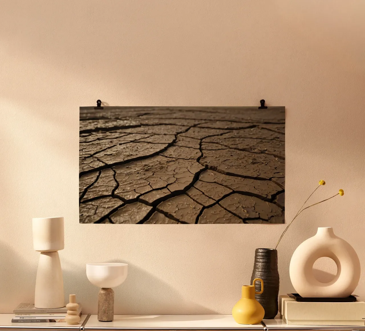 Gebarsten aarde in kaal landschap markeert ernstige droogte poster met kunststof frame van DesignDoodle