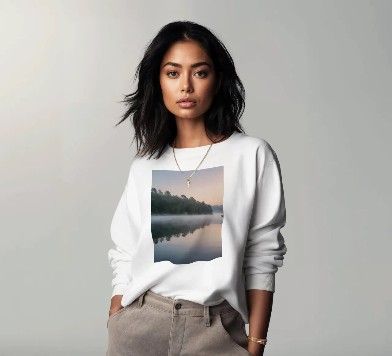 mist rises over a tranquil lake surrounded by lush trees sweatshirt by DesignDoodle