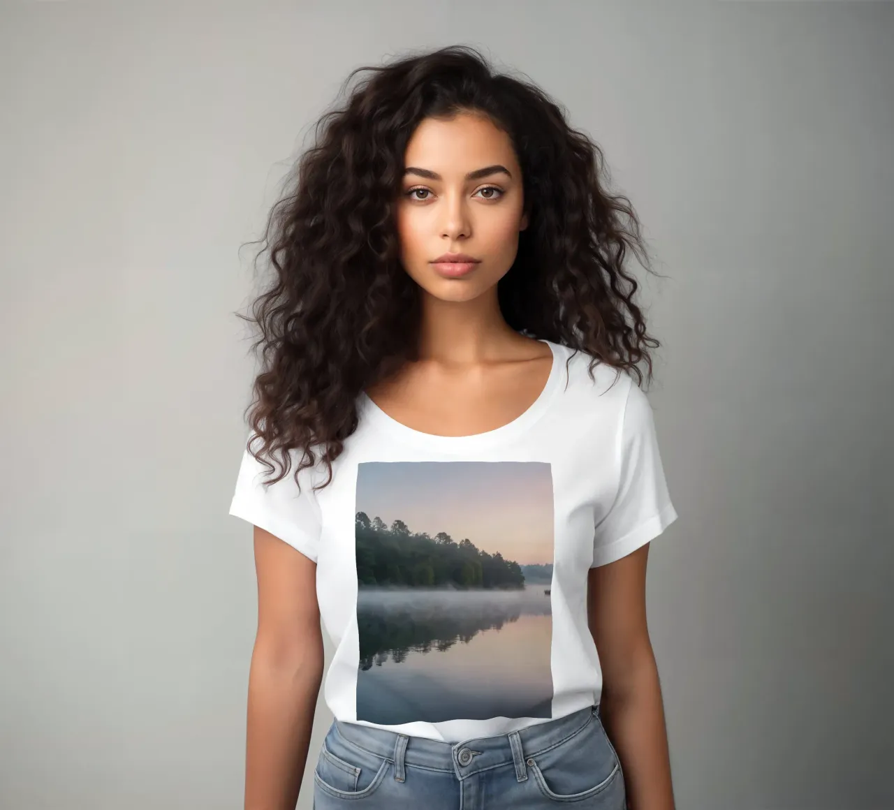 mist rises over a tranquil lake surrounded by lush trees women's fitted t-shirt by DesignDoodle