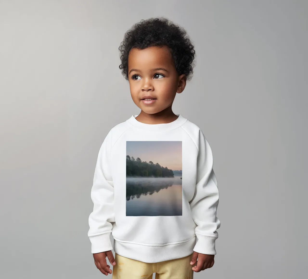 mist rises over a tranquil lake surrounded by lush trees baby sweatshirt by DesignDoodle