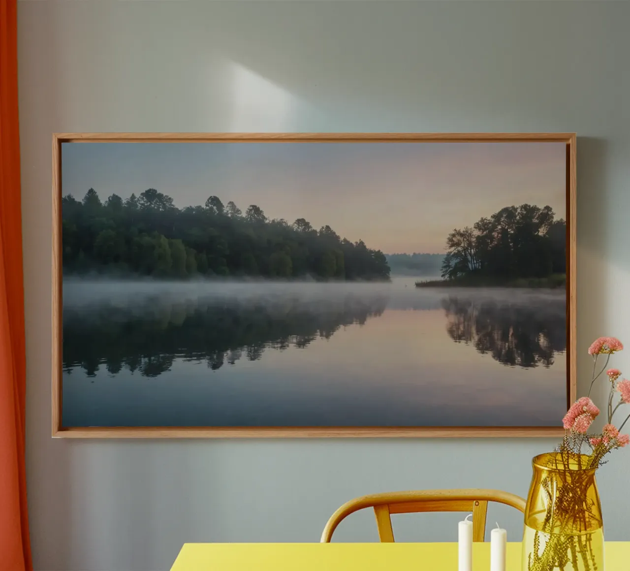 mist rises over a tranquil lake surrounded by lush trees canvas by DesignDoodle
