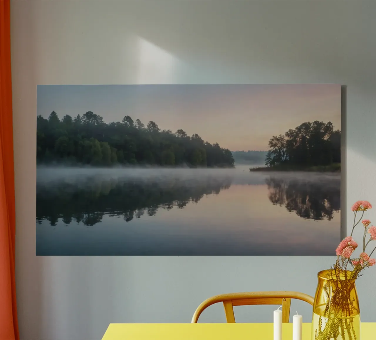 mist rises over a tranquil lake surrounded by lush trees canvas by DesignDoodle