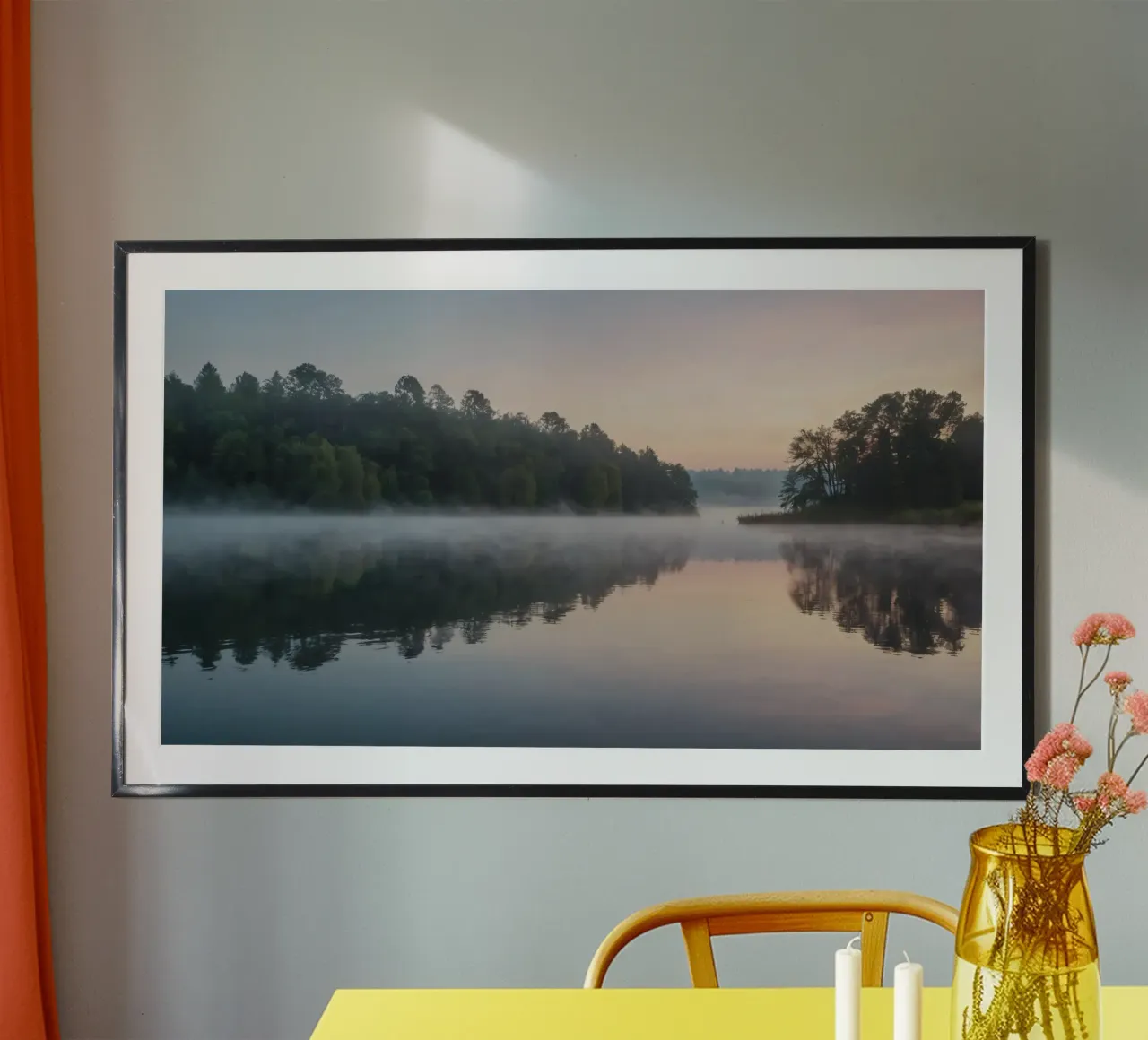 mist rises over a tranquil lake surrounded by lush trees hahnemühle by DesignDoodle