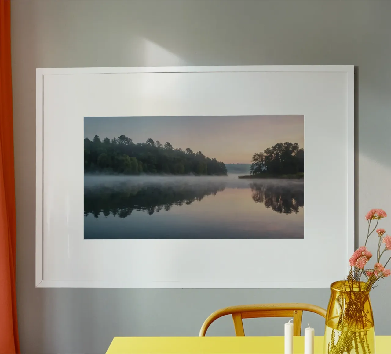 mist rises over a tranquil lake surrounded by lush trees hahnemühle by DesignDoodle