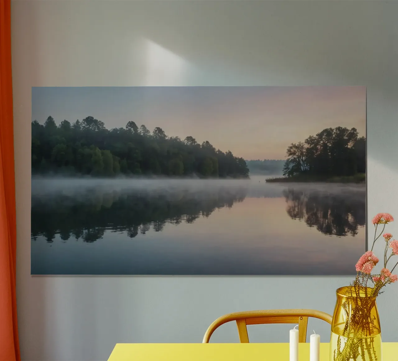 mist rises over a tranquil lake surrounded by lush trees hahnemühle by DesignDoodle