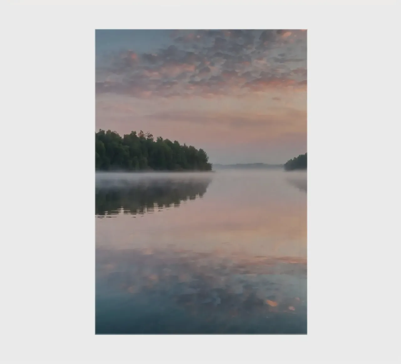 Serene morning at the tranquil lake with mist rising notebook by DesignDoodle