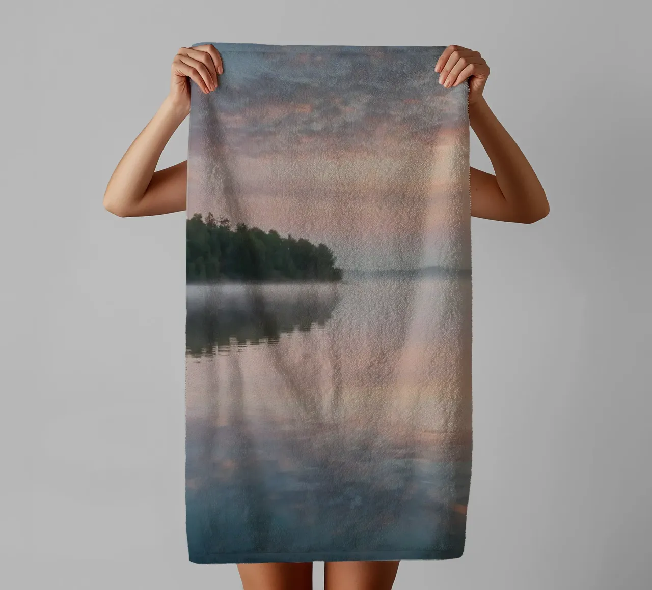 Serene morning at the tranquil lake with mist rising towel by DesignDoodle