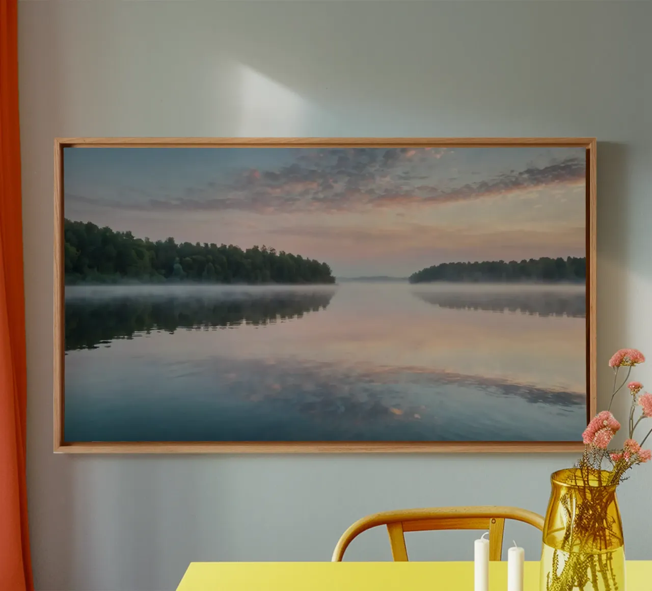 Serene morning at the tranquil lake with mist rising canvas by DesignDoodle
