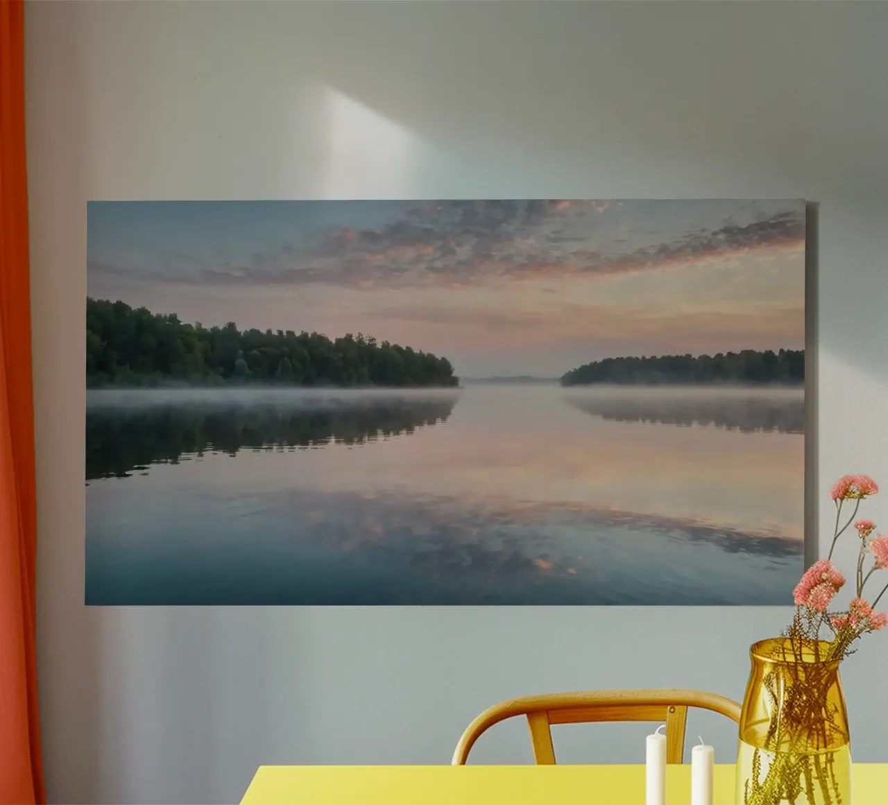 Serene morning at the tranquil lake with mist rising canvas by DesignDoodle