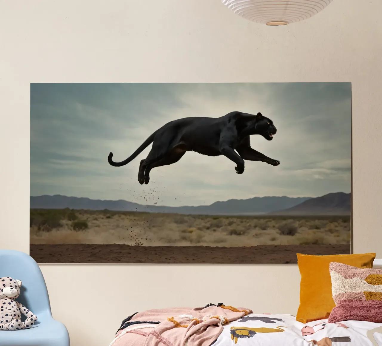 Un gatto nero salta attraverso un paesaggio desertico poster con telaio in plastica da DesignDoodle