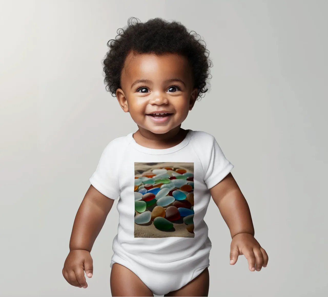 Ciottoli di gemme colorate sparsi sul litorale della spiaggia sabbiosa body neonato maniche corte da DesignDoodle