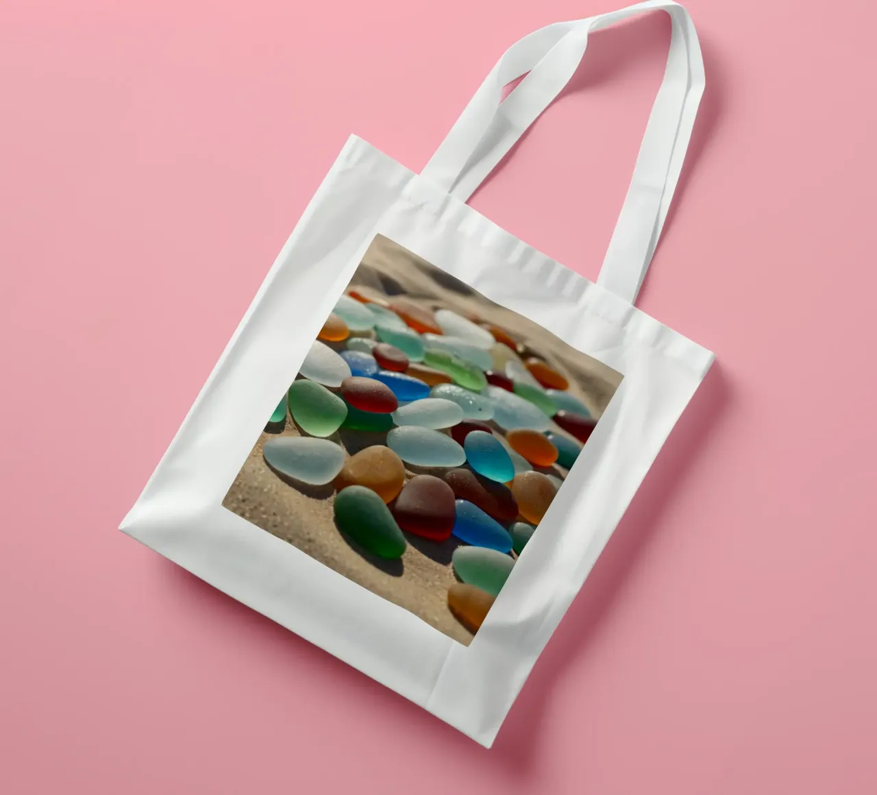 Ciottoli di gemme colorate sparsi sul litorale della spiaggia sabbiosa borsa in juta da DesignDoodle