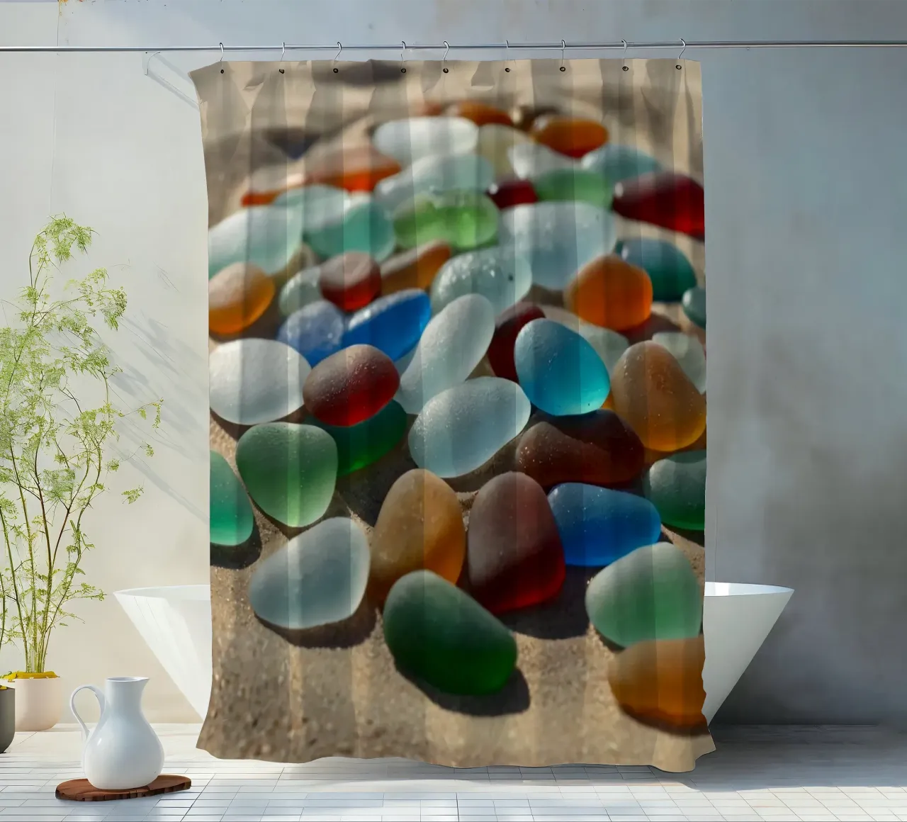 Ciottoli di gemme colorate sparsi sul litorale della spiaggia sabbiosa tenda da doccia da DesignDoodle