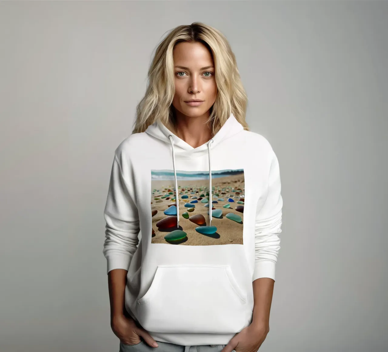Vetri marini colorati sparsi sulla spiaggia di sabbia felpa con cappuccio da DesignDoodle