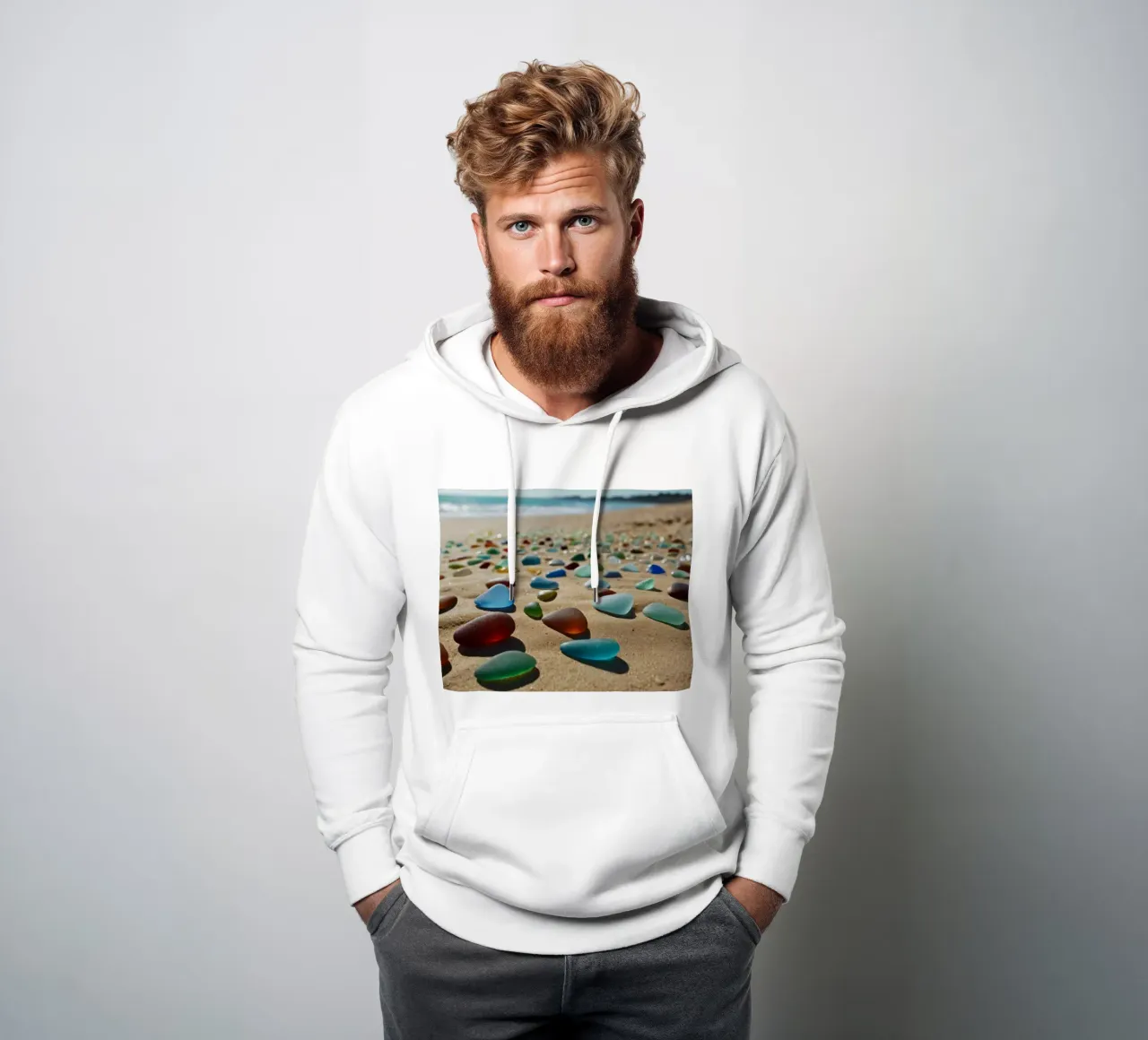 Vetri marini colorati sparsi sulla spiaggia di sabbia felpa con cappuccio da DesignDoodle