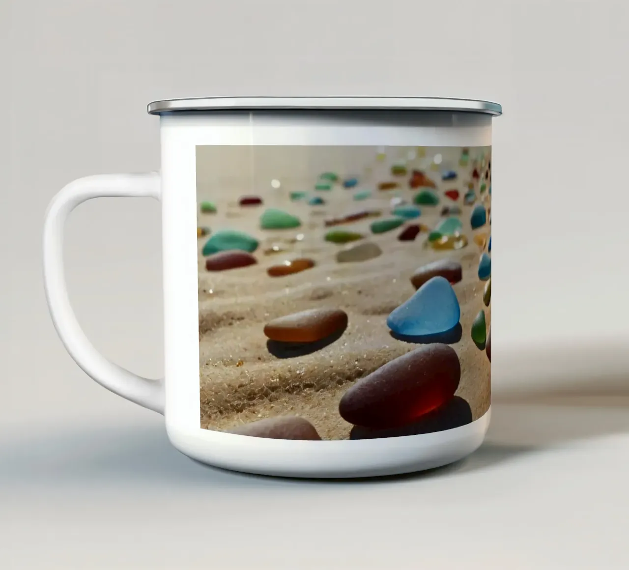 Kleurrijk zeeglas verspreid over zandstrand emaille mok van DesignDoodle