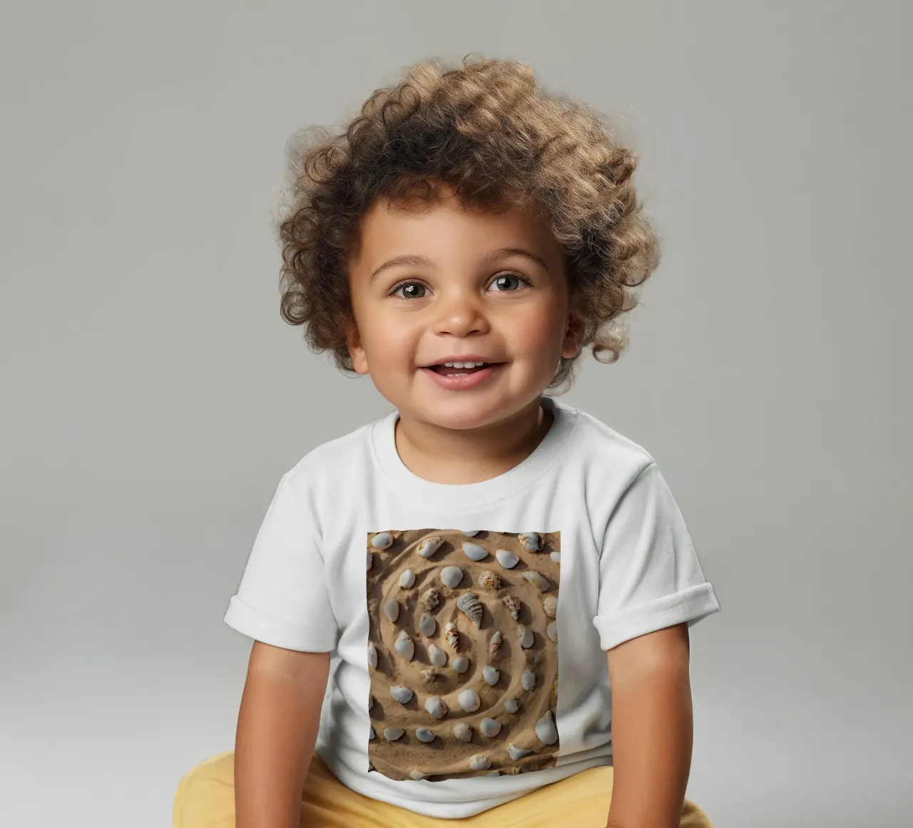 Spiral arrangement of seashells on sandy beach baby t-shirt by DesignDoodle