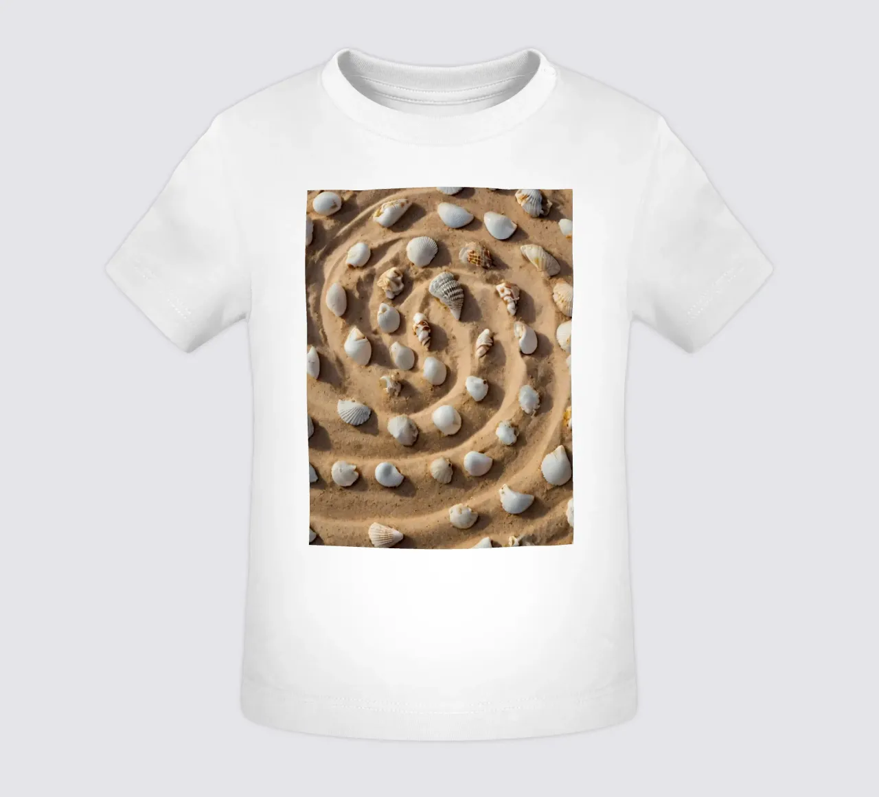 Spiral arrangement of seashells on sandy beach baby t-shirt by DesignDoodle