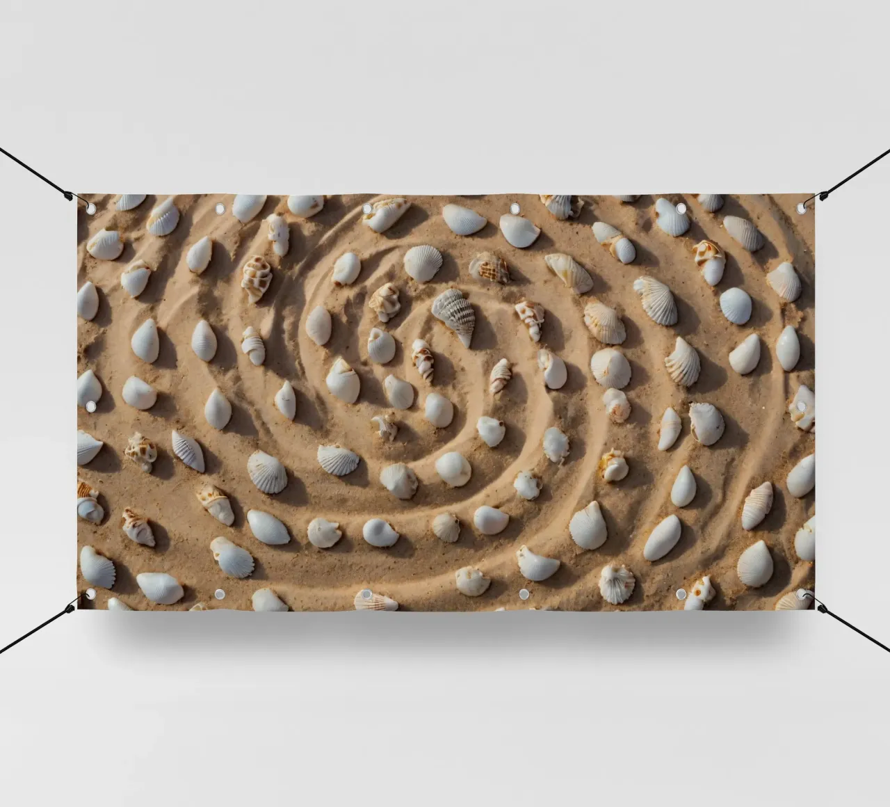 Disposizione a spirale di conchiglie su una spiaggia sabbiosa telo in pvc da DesignDoodle