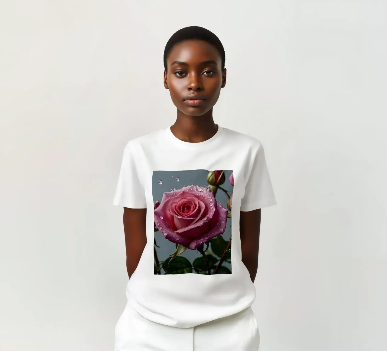 Delicate pink roses with droplets on petals t-shirt by DesignDoodle