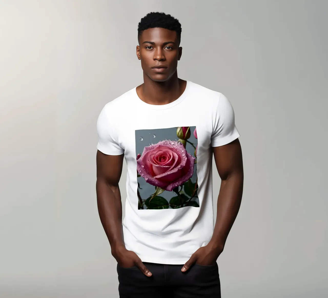 Delicate pink roses with droplets on petals t-shirt by DesignDoodle