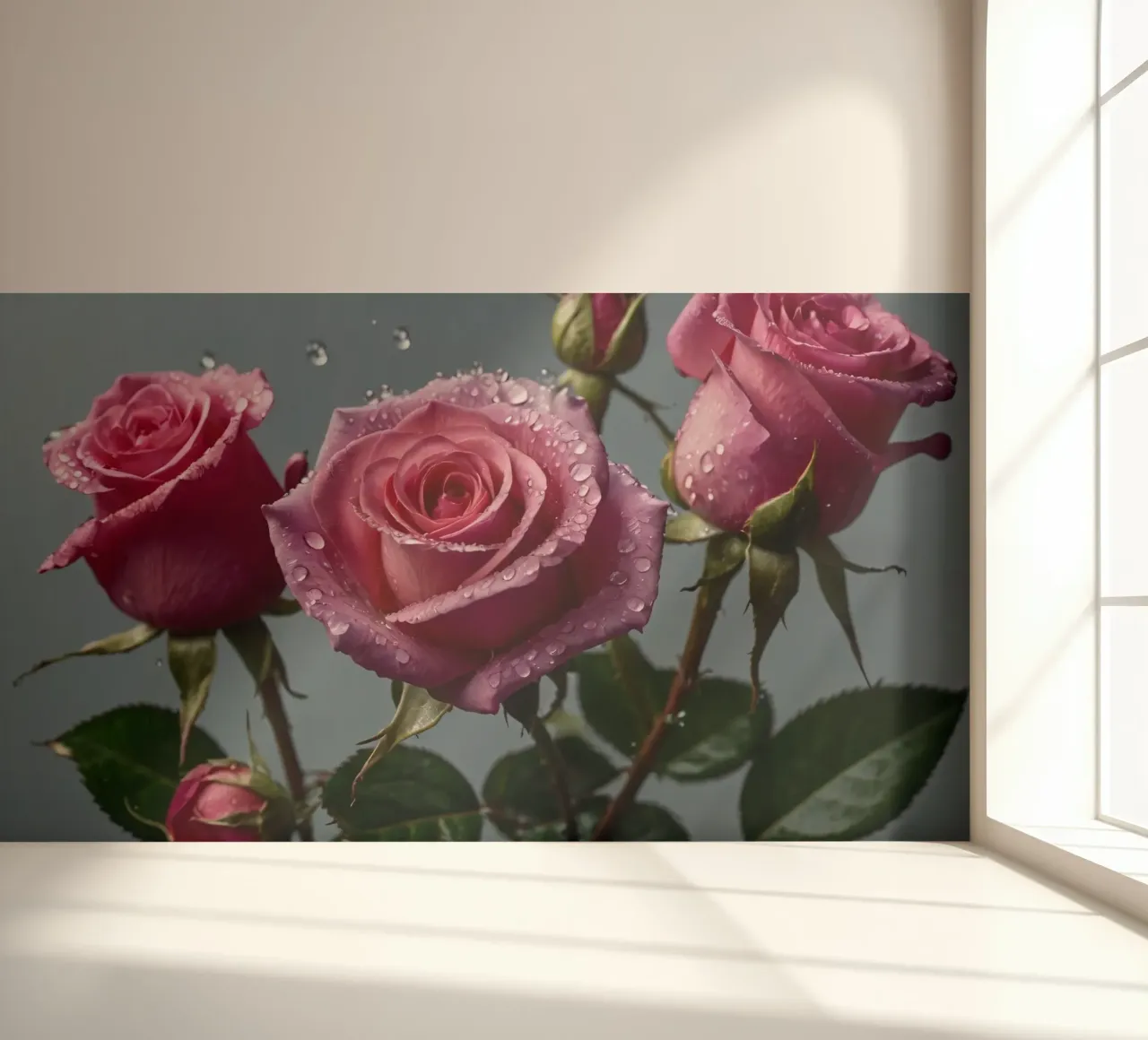 Delicate pink roses with droplets on petals photo wallpaper by DesignDoodle