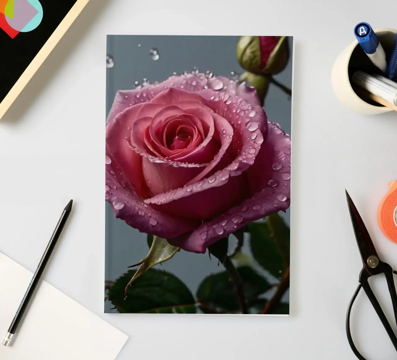 Delicate pink roses with droplets on petals notebook by DesignDoodle