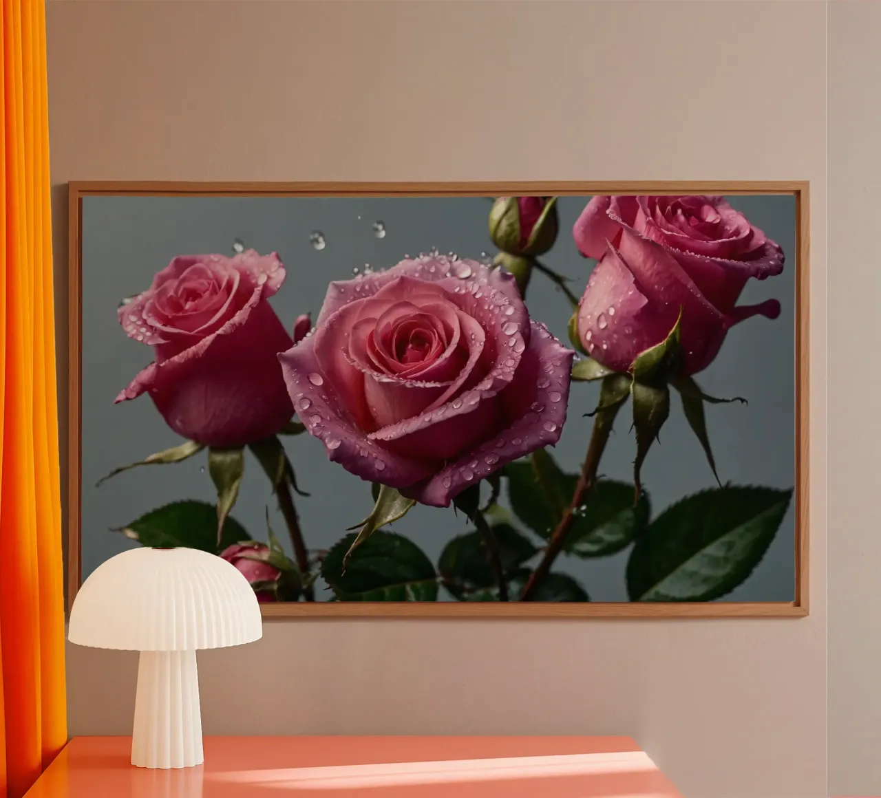 Delicate pink roses with droplets on petals alu-dibond by DesignDoodle