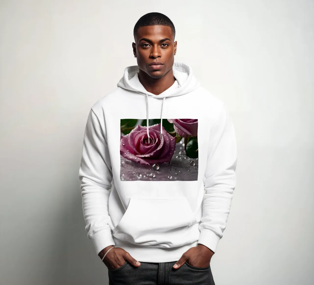 rose rosa fresche ornate di gocce di rugiada su una superficie morbida felpa con cappuccio da DesignDoodle