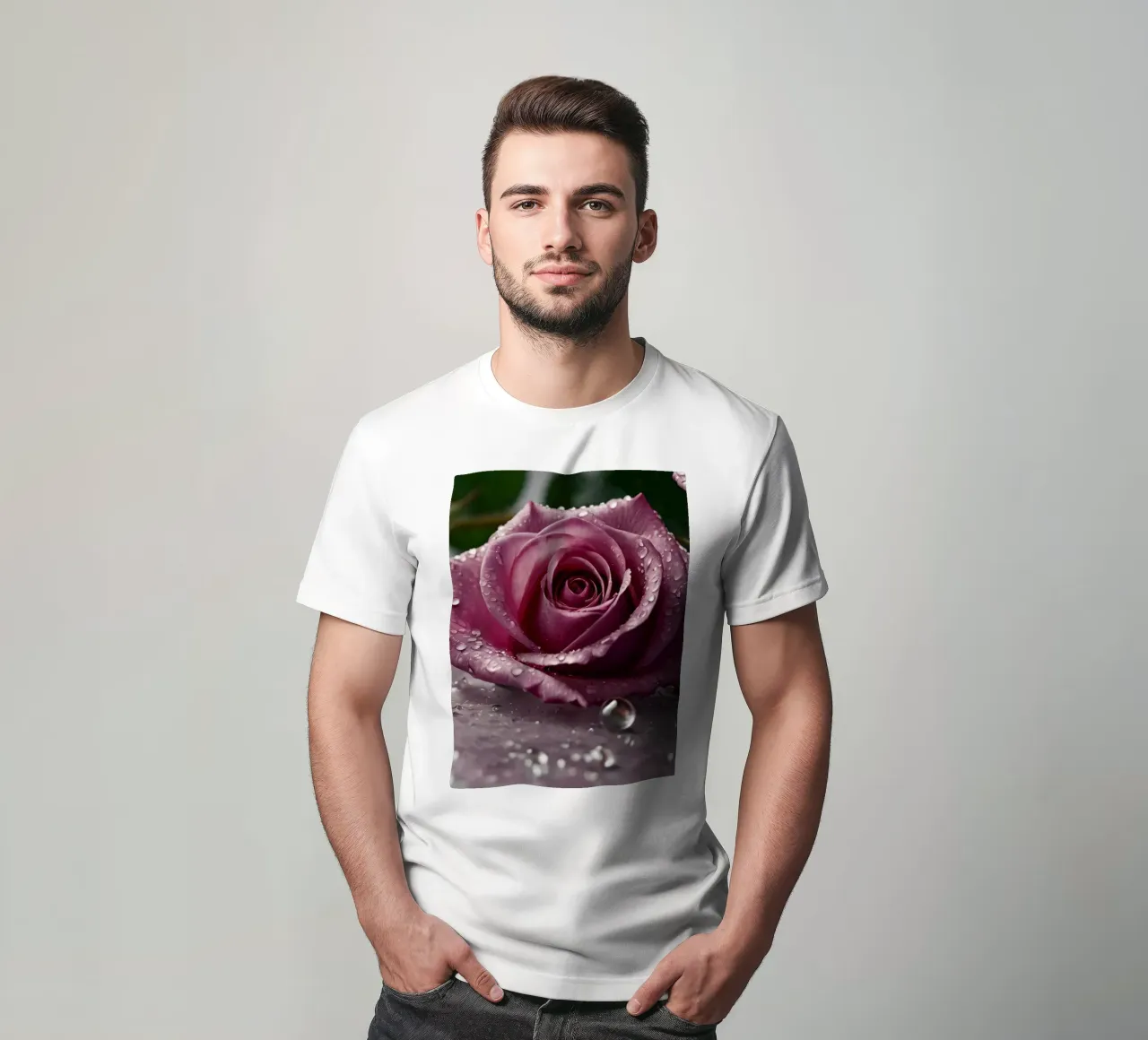 fresh pink roses adorned with dewdrops on a soft surface t-shirt by DesignDoodle