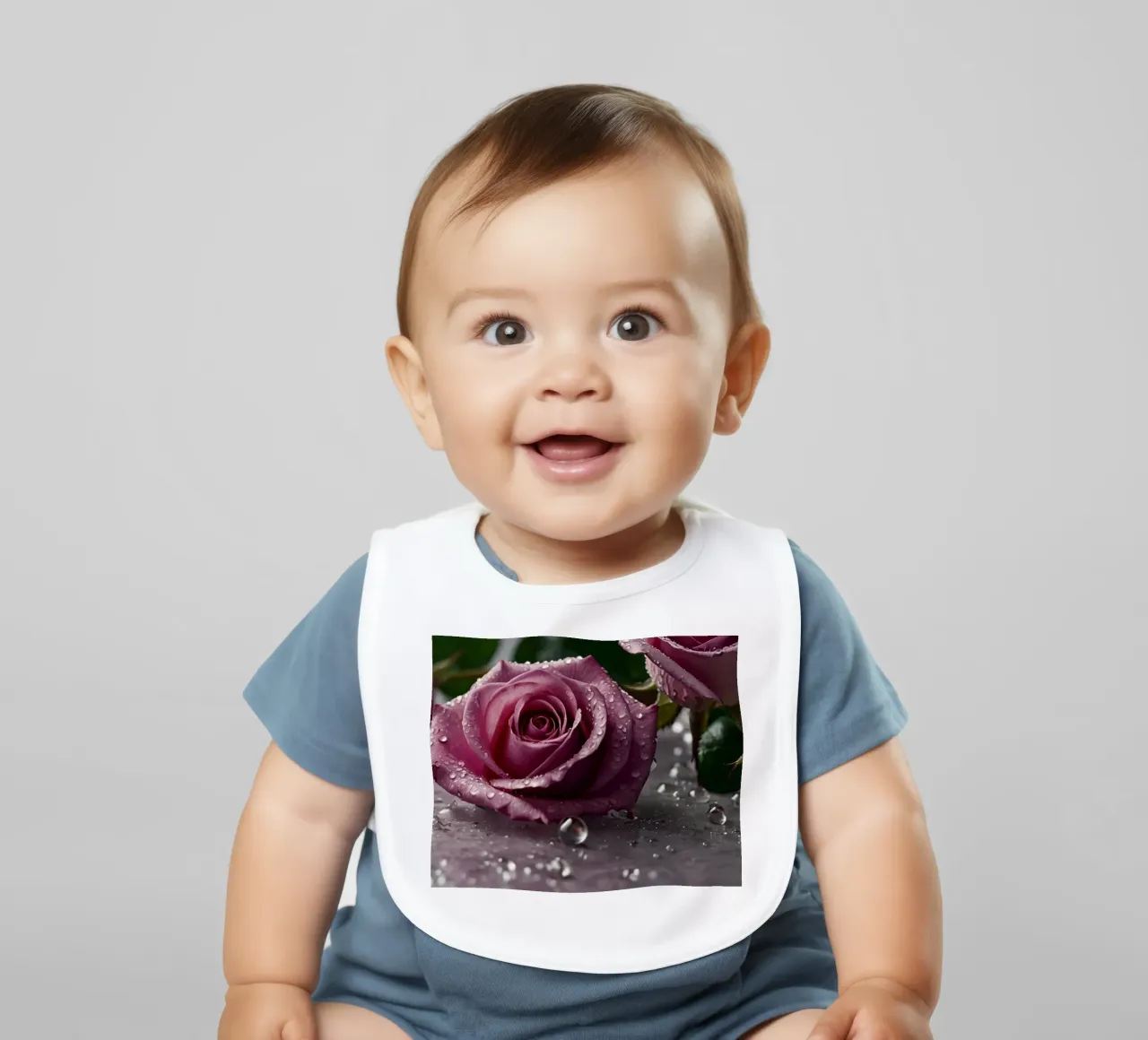 rose rosa fresche ornate di gocce di rugiada su una superficie morbida bavaglino da DesignDoodle