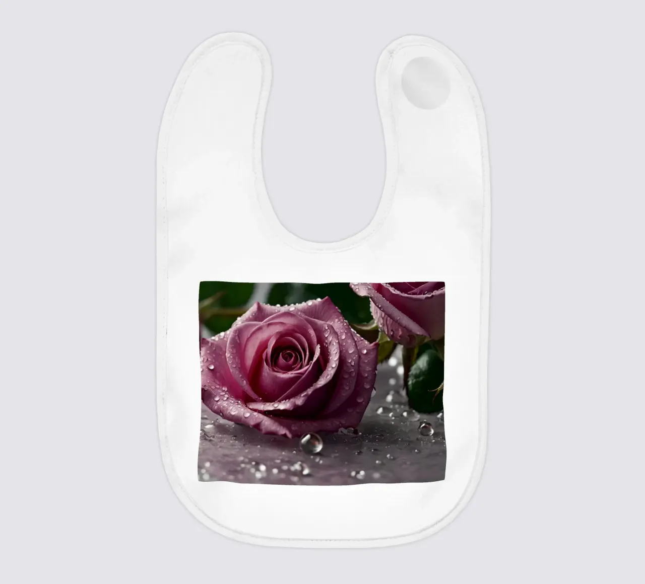 rose rosa fresche ornate di gocce di rugiada su una superficie morbida bavaglino da DesignDoodle