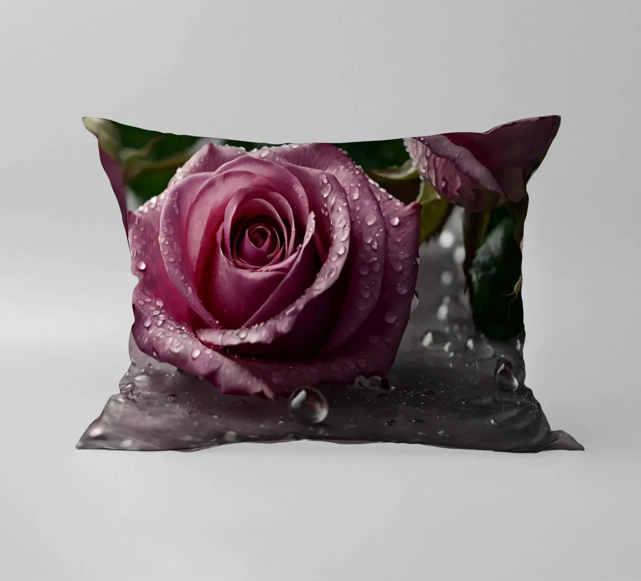 fresh pink roses adorned with dewdrops on a soft surface decorative cushion by DesignDoodle