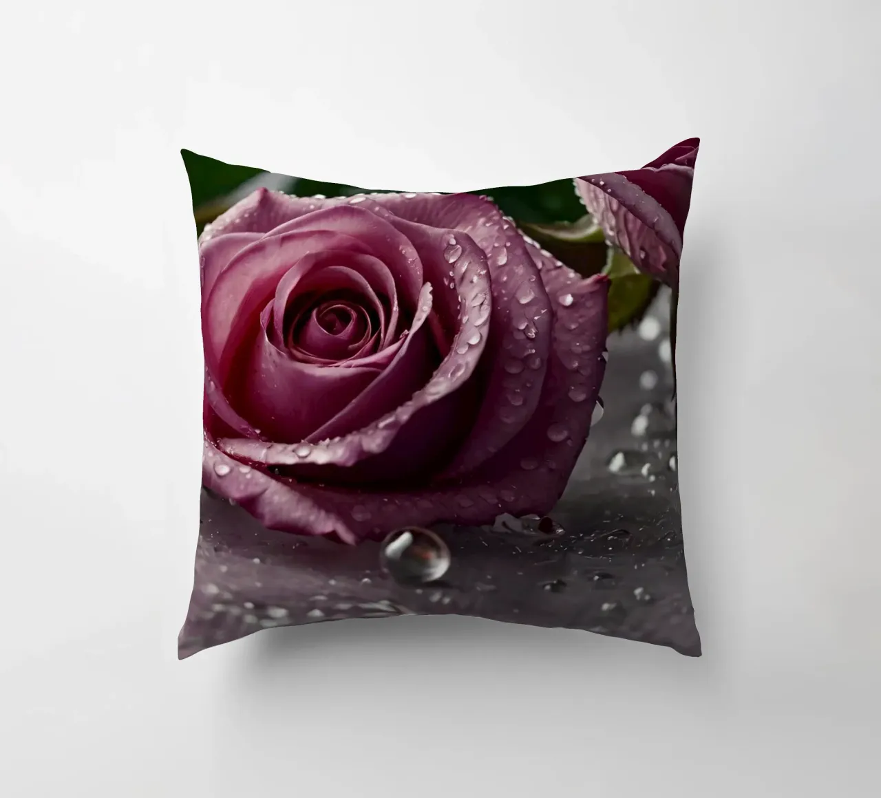 fresh pink roses adorned with dewdrops on a soft surface decorative cushion by DesignDoodle