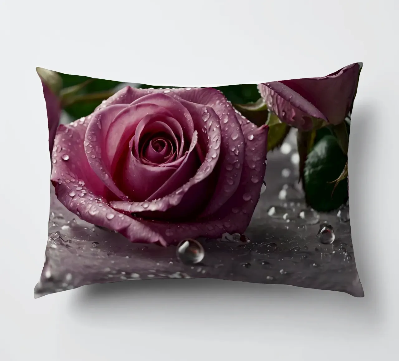 fresh pink roses adorned with dewdrops on a soft surface decorative cushion by DesignDoodle