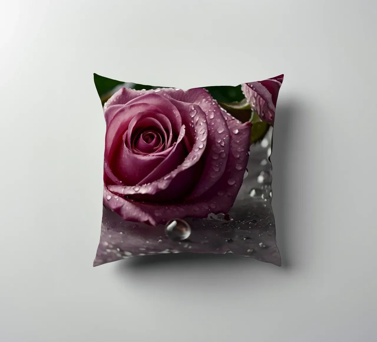 fresh pink roses adorned with dewdrops on a soft surface decorative cushion by DesignDoodle