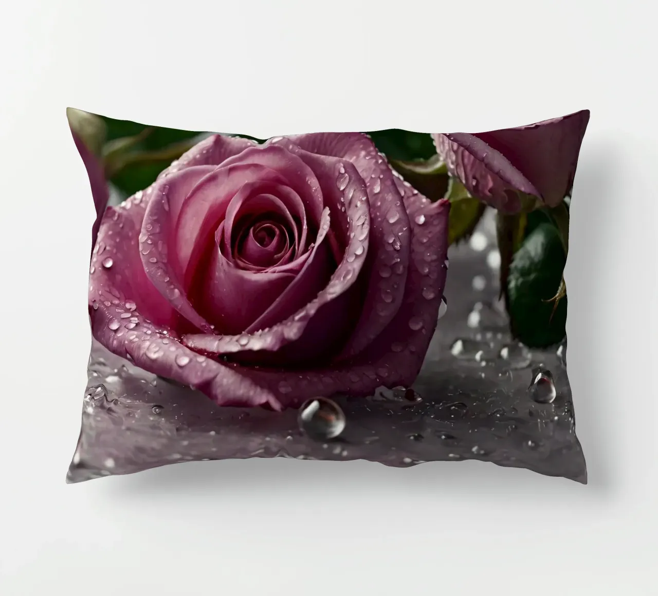 fresh pink roses adorned with dewdrops on a soft surface decorative cushion by DesignDoodle