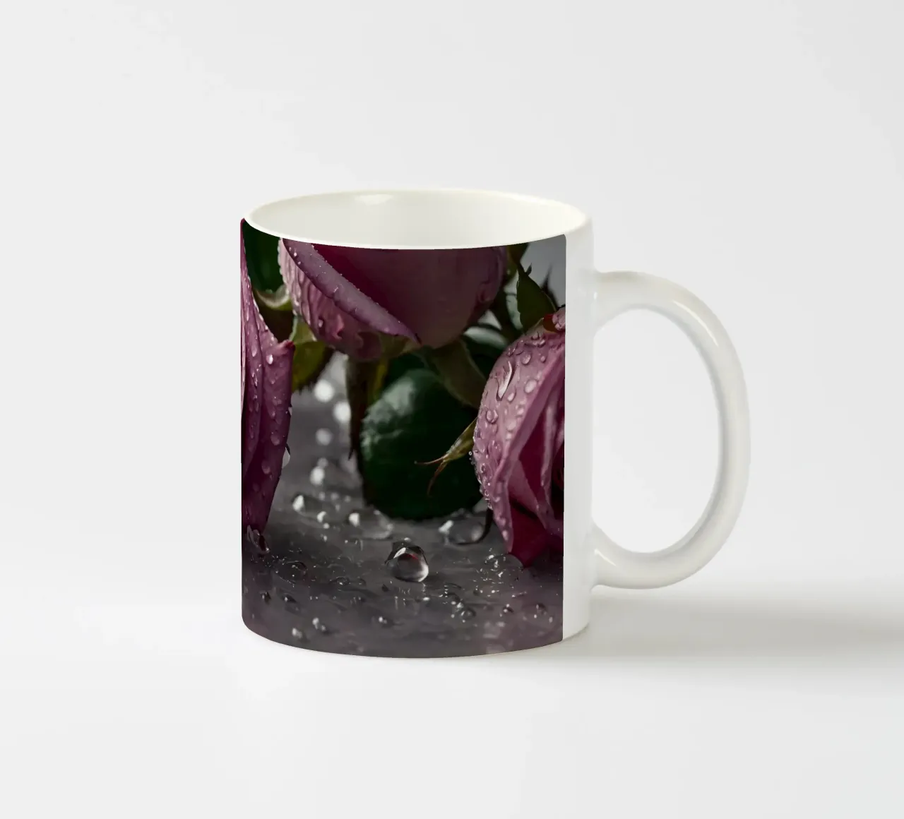 fresh pink roses adorned with dewdrops on a soft surface ceramic mug by DesignDoodle