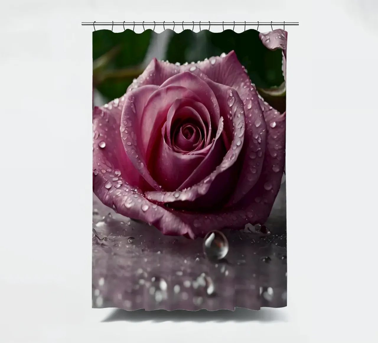 fresh pink roses adorned with dewdrops on a soft surface shower curtain by DesignDoodle