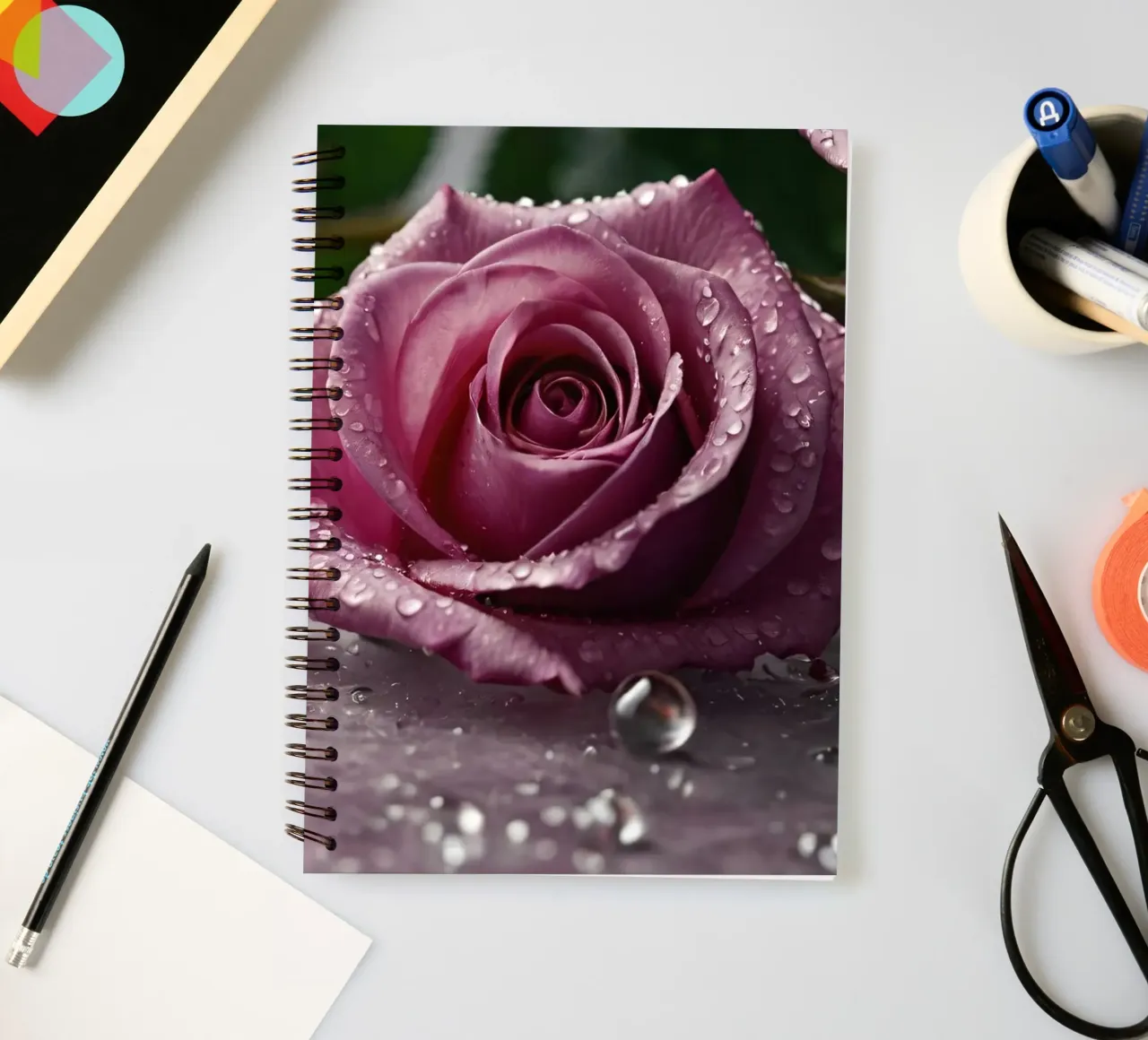 fresh pink roses adorned with dewdrops on a soft surface spiral notebook by DesignDoodle