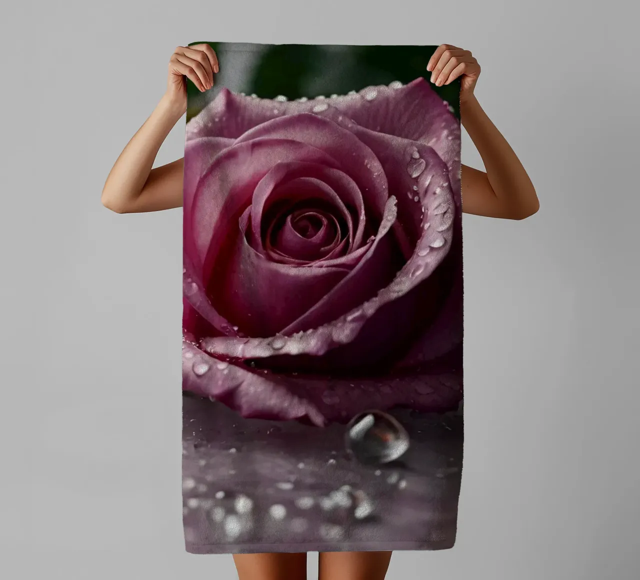 fresh pink roses adorned with dewdrops on a soft surface towel by DesignDoodle