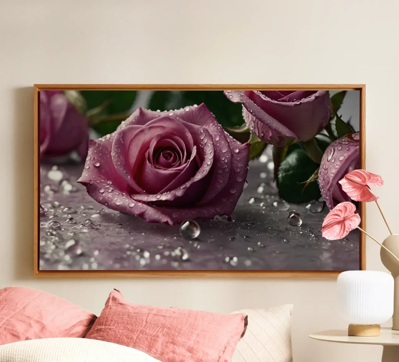 fresh pink roses adorned with dewdrops on a soft surface canvas by DesignDoodle