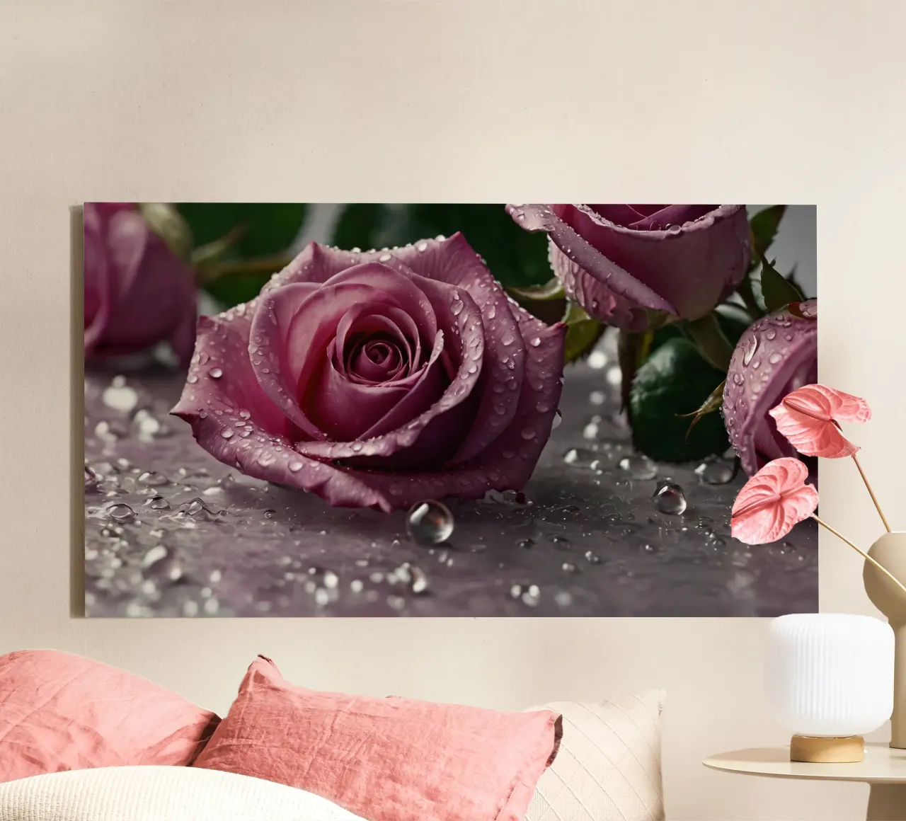 fresh pink roses adorned with dewdrops on a soft surface canvas by DesignDoodle