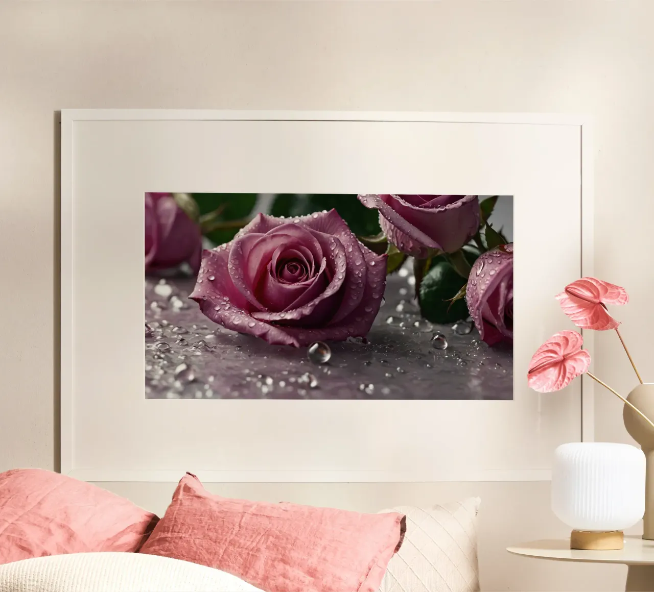 fresh pink roses adorned with dewdrops on a soft surface hahnemühle by DesignDoodle