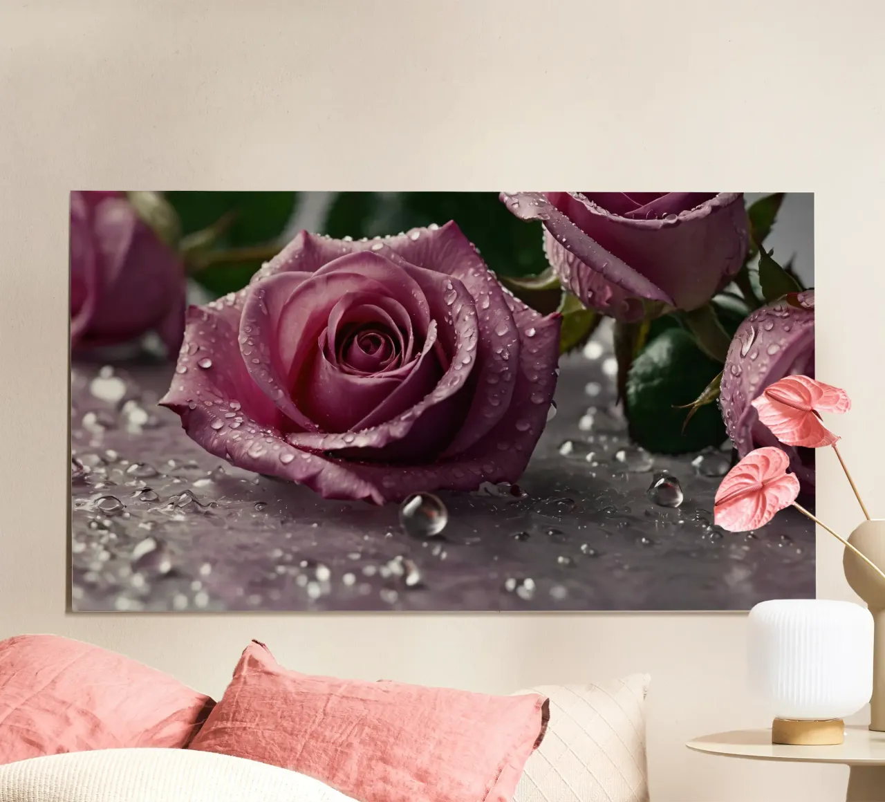 fresh pink roses adorned with dewdrops on a soft surface hahnemühle by DesignDoodle
