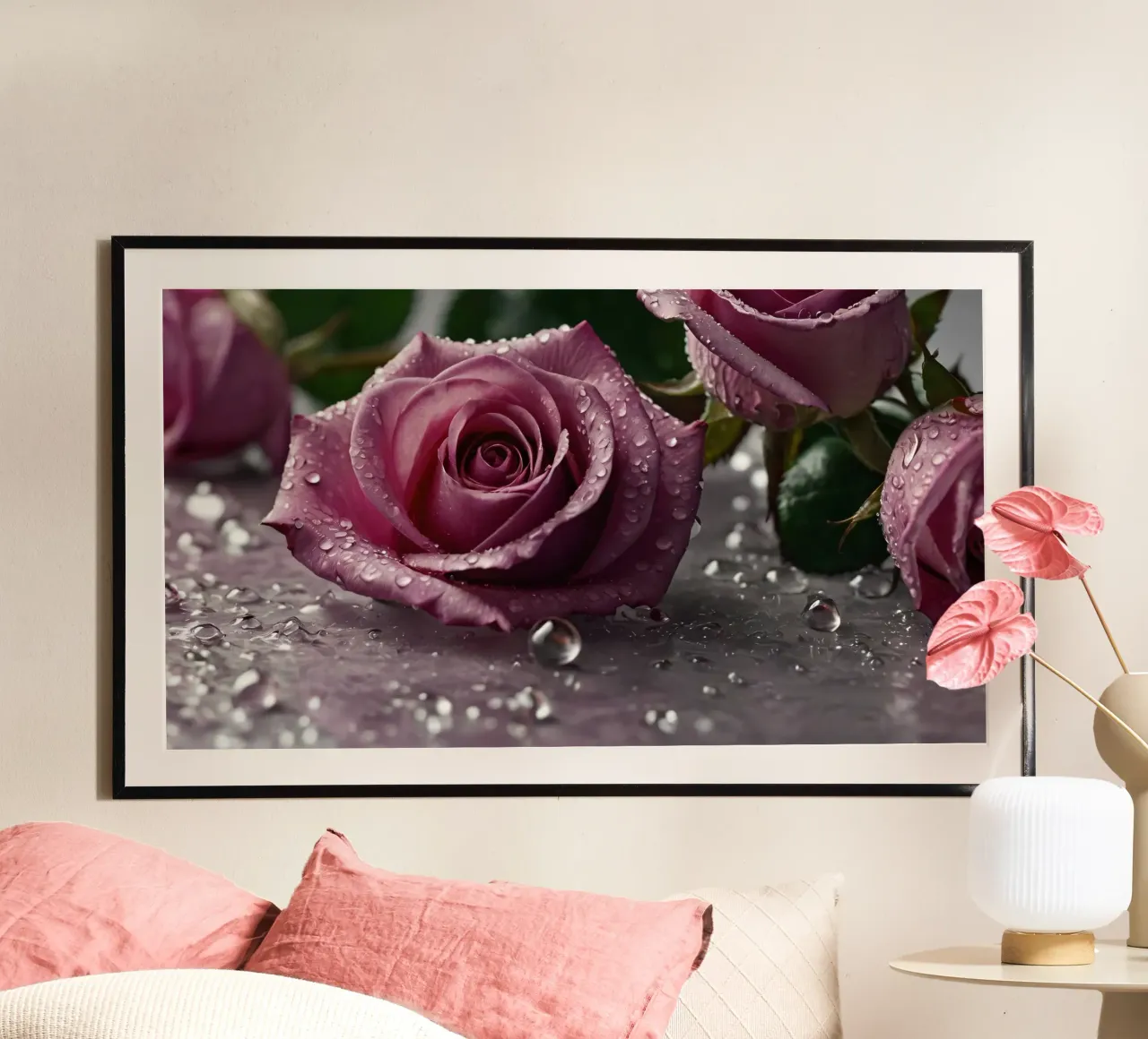 fresh pink roses adorned with dewdrops on a soft surface hahnemühle by DesignDoodle